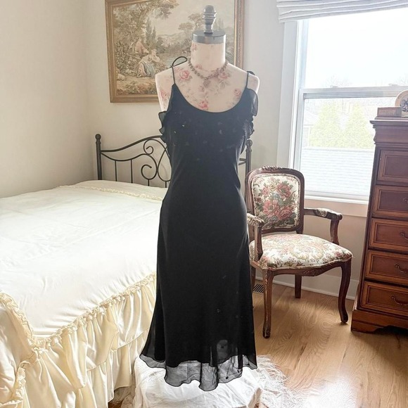 black fairy beaded dress  90s black chiffon maxi dress Alfredo Venini size xl - Picture 3 of 5
